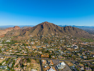 Camelback Mountain aerial view in city of Phoenix, Arizona AZ, USA. 