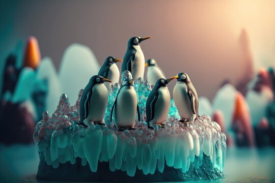 Herd of peguin standing on the melting ice. Global warming concept. Generative AI