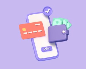 3d mobile phone, wallet, credit card. mobile online payments, sending money, paying for purchases with a card. illustration isolated on purple background. 3d rendering