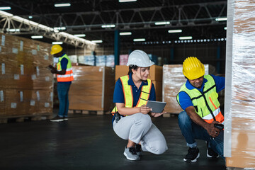In a warehouse is a group of warehouse workers using a tablet to check details of product. Concept industrial and commercial.
