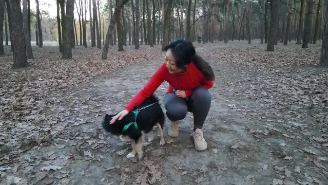 A Asian woman walks with a dog in the park. Cute puppy runs through the autumn forest.