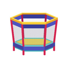 Trampoline with safety net for playground vector illustration. Bouncy object for sports center or playroom isolated on white background. Childhood, fitness, leisure concept