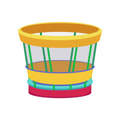Trampoline with enclosure for children vector illustration. Bouncy object for playground or playroom isolated on white background. Childhood, fitness, leisure concept
