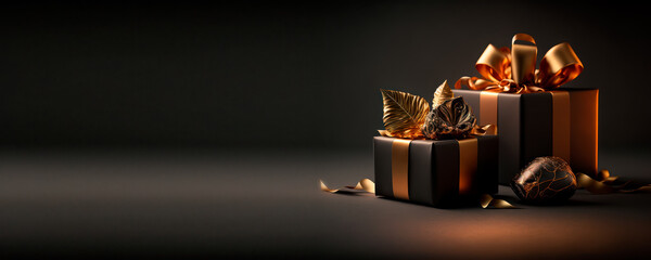 elegant black and gold gift packages banner background, generative ai