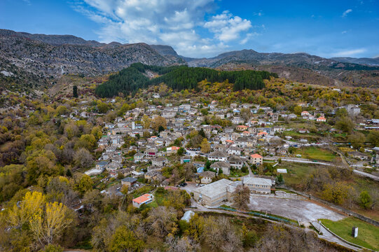 aerial view of the traditional stone village Tsepelovo during  fall season in  zagori Greece