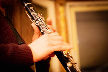 Fototapeta premium Musician is playing a saxophone at house concert