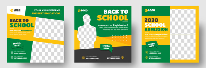 School admission social media post banner design. back to school social media post banner design set. Back to school admission promotion banner. school admission template for social media ad.