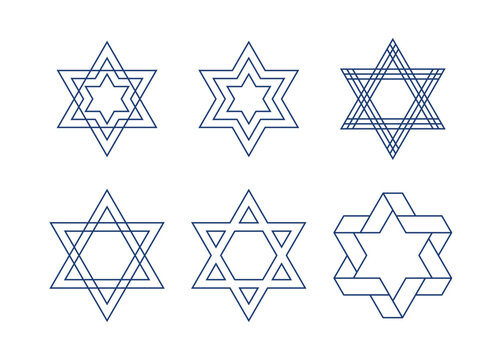 Set of different Jewish six-pointed stars vector illustration with editable stroke