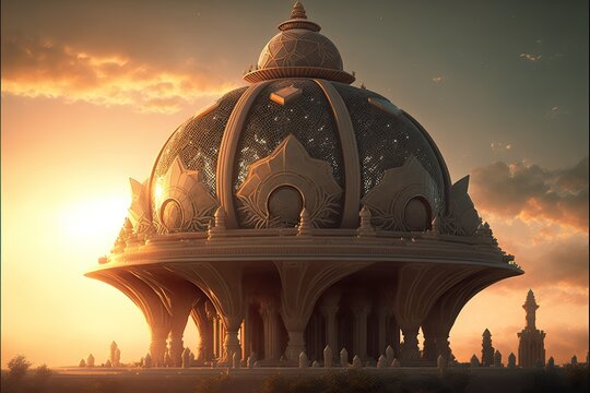 futuristic Hindu temple in desert, in morning illustration generative ai