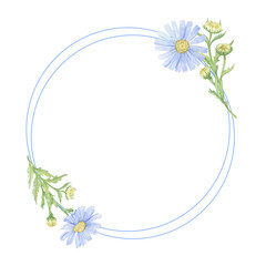 round frame of watercolor drawings of blue daisies