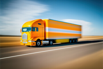 Large, fast truck on the road as seen from the front and the side