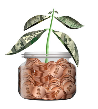 A New Plant With Leaves Made Of Money Grows Out Of A Glass Jar Filled With Pennies.