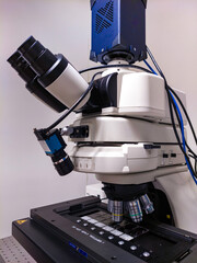 Upright microscope equipped with multiple cameras (brightfield and fluorescence) and a broad range of lenses for imaging multiple slides at once. 