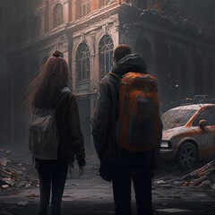 a guy and a girl in a post-apocalyptic city