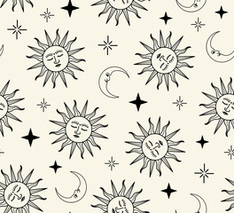 Seamless pattern of celestial objects, sun, moon and stars, vector illustration for fashion, card, poster and background designs