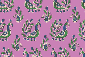 HAND DRAWN PEACOCK PATTERN AJRAKH BAGRU SANGANER BLOCK PRINT AND BATIK PRINT DIGITAL PRINT SEAMLESS TEXTILE PATTERN IN EDITABLE FILE