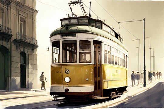 Lisbon tram. Watercolour painting.Generative AI art. © Brokenclouds Art