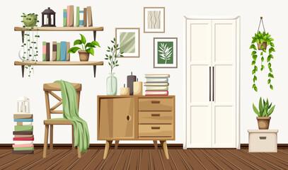 Scandinavian room interior with a white door, a dresser, a chair, and plenty of books and houseplants. Cartoon vector illustration