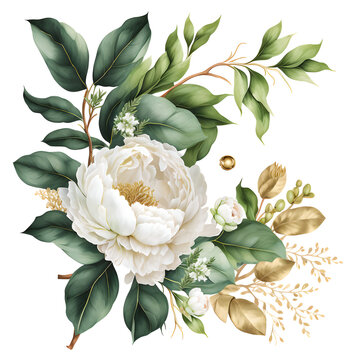  white flowers green gold leaves peony and branche atercolor. Generative AI