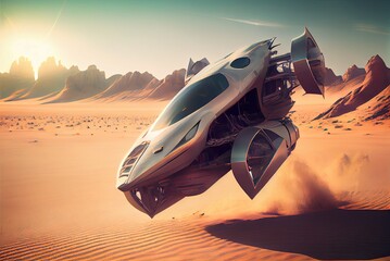 Fototapeta na wymiar flying car of the future flies along the desert