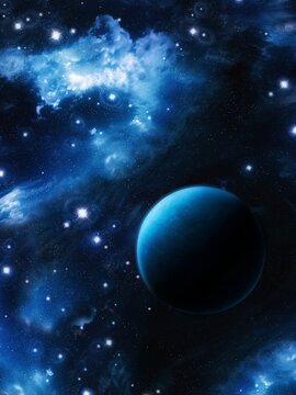 Alien planet against the background of a bright stellar nebula. Stardust and exoplanet in space. Phenomena of the Universe. Beautiful abstract wallpaper.