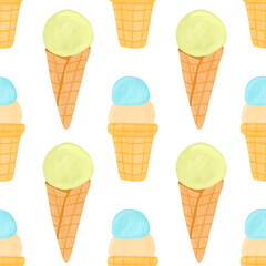 Ice cream in waffle cone watercolor seamless pattern. Summer ice cream digital paper pattern on white background.
