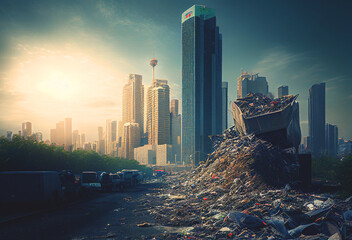 Pile of garbage on street in city, AI Generative. Landfill in city near buildings. Garbage dump in town streets. City after apocalypse, destroyed houses and building, heaps of garbage and car dumps.