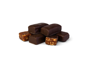 Сandied roasted nuts in chocolate isolated on white background.