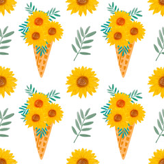 Ice cream waffle cone sunflower watercolor bouquet seamless pattern. Summer ice cream digital paper pattern on white background. Autumn fall farmhouse pattern