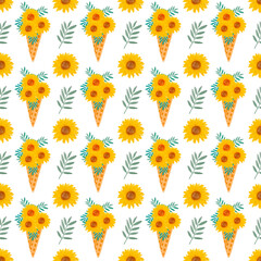 Ice cream waffle cone sunflower watercolor bouquet seamless pattern. Summer ice cream digital paper pattern on white background. Autumn fall farmhouse pattern