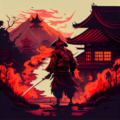 Abstract Samurai with Katana in his hand , battling the evil