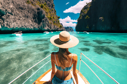 Woman in bikini travelling on the boat over transparent sea, paradise thailand generative ai