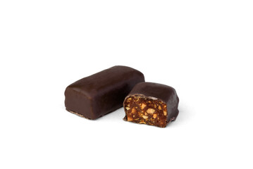 Сandied roasted nuts in chocolate isolated on white background.