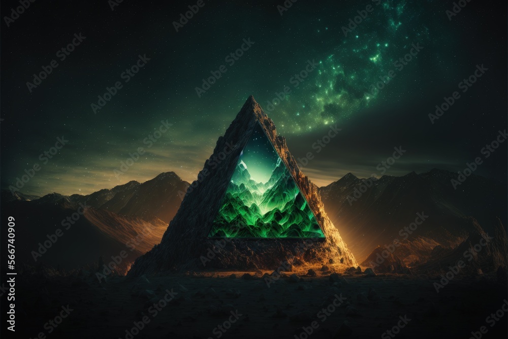 Wall mural landscape with green crystal pyramid and mountains in the background. generative ai