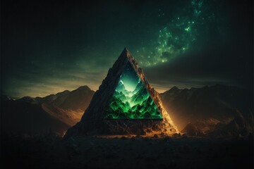 Landscape with green crystal pyramid and mountains in the background. Generative AI