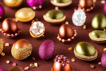 High-Resolution Image of Luxury Chocolates Scene with Gold Details Showcasing the Beauty and Delicacy of Chocolate. Perfect for Adding a Touch of Luxury, Sweetness and Warmth to any Design Project