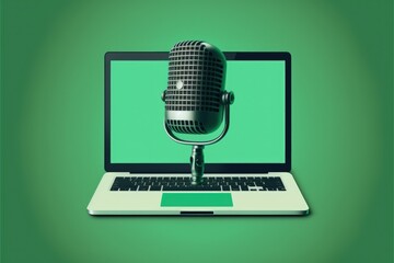 Studio microphone with laptop, podcast concept, green background. Generative AI