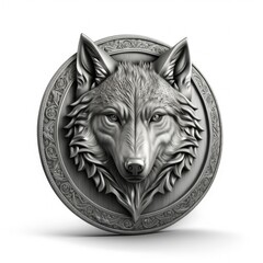 3D silver medallion emblem with wolf, white background. Generative AI