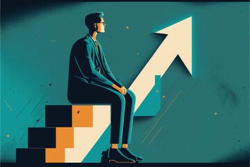 Illustration of business man sitting on a chart arrow, blue background. Generative AI