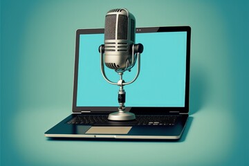 Studio microphone with laptop, podcast concept, blue background. Generative AI