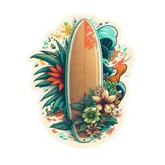 Printable sticker/badge of a surfing board with flowers. Created with Generative AI