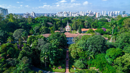 Aerial view of Parque Vicentina Aranha, in Sao Jose dos Campos, Brazil. Chapel and Old Sanatorium