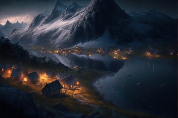 Night landscape of a viking village with mountains, river and rustic houses. Generative AI