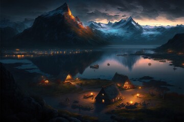 Fototapeta na wymiar Night landscape of a viking village with mountains, river and rustic houses. Generative AI
