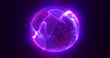 Abstract round blue to purple sphere light bright glowing from energy rays and magic waves from particles and dots, abstract background
