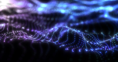 Abstract blue futuristic waves from a grid of particles lines glowing bright shiny neon digital magical energy on a dark background. Abstract background