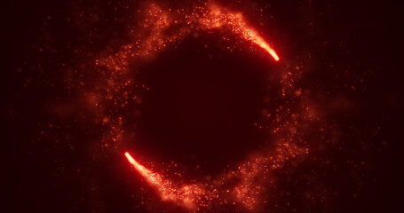 Abstract orange fiery lines and cyclic circles with energy magic sparks from particles, abstract background