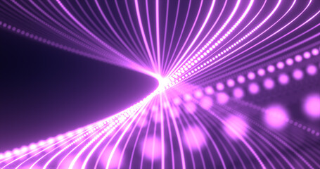 Abstract purple waves from lines and dots particles of glowing swirling futuristic hi-tech with a blur effect on a dark background. Abstract background