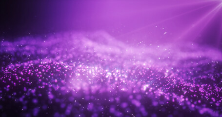 Abstract purple glowing energy waves from particles and magic dots with blur effect on dark background. Abstract background