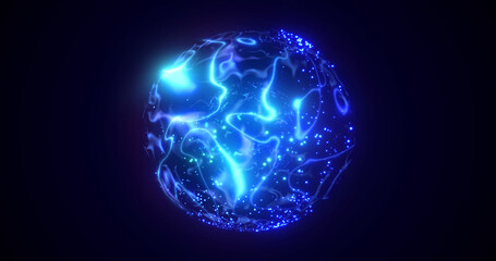 A round blue planet with a molten core in the center in space, a star sphere with an energy magical luminous field from plasma. Abstract background © Bolbik